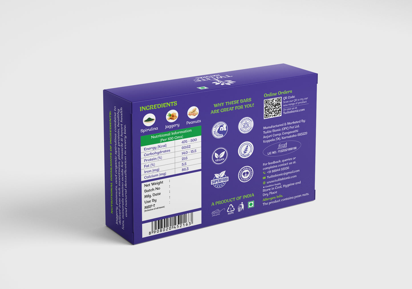 Organic Spirulina Protein Bar | Certified By CFTRI | Nutrient-Dense & Crunchy Superfood Snack for Energy | | Vegan |No Artificial Sweeteners, Preservatives or Refined Sugar | All Natural Ingredients | 15 g per serving