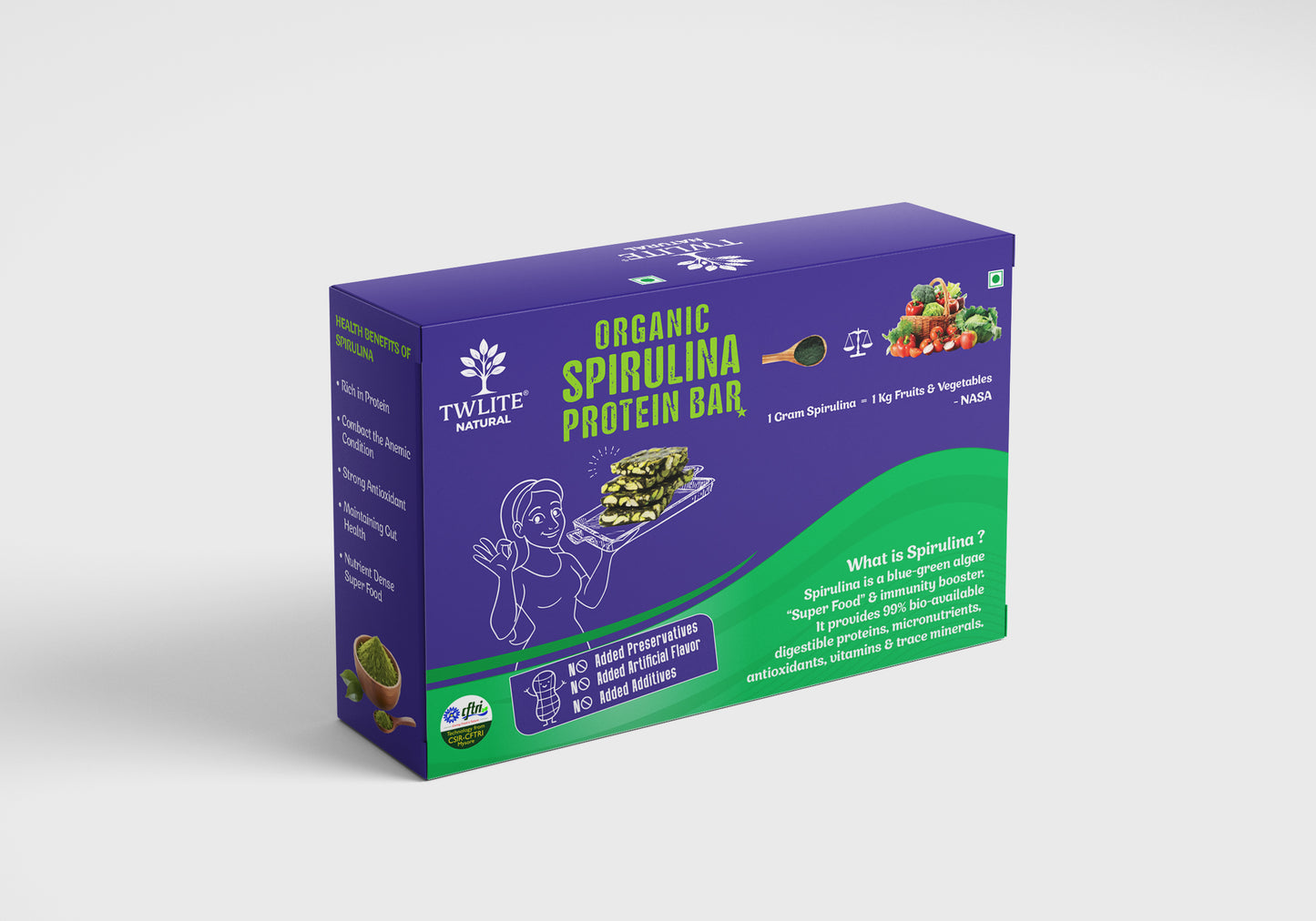 Organic Spirulina Protein Bar | Certified By CFTRI | Nutrient-Dense & Crunchy Superfood Snack for Energy | | Vegan |No Artificial Sweeteners, Preservatives or Refined Sugar | All Natural Ingredients | 15 g per serving