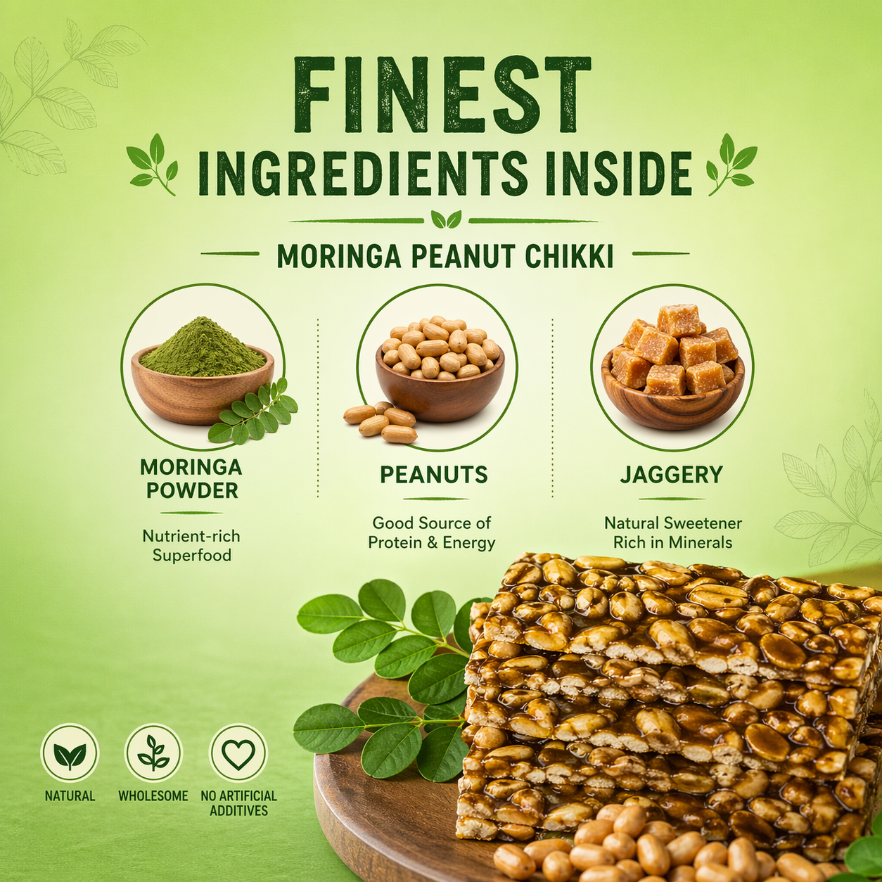 Moringa Peanut Chikki | Nutrient-Dense & Crunchy Superfood Snack for Energy | Vegan | No Artificial Sweeteners, Preservatives or Refined Sugar | All Natural Ingredients | 15 g per serving