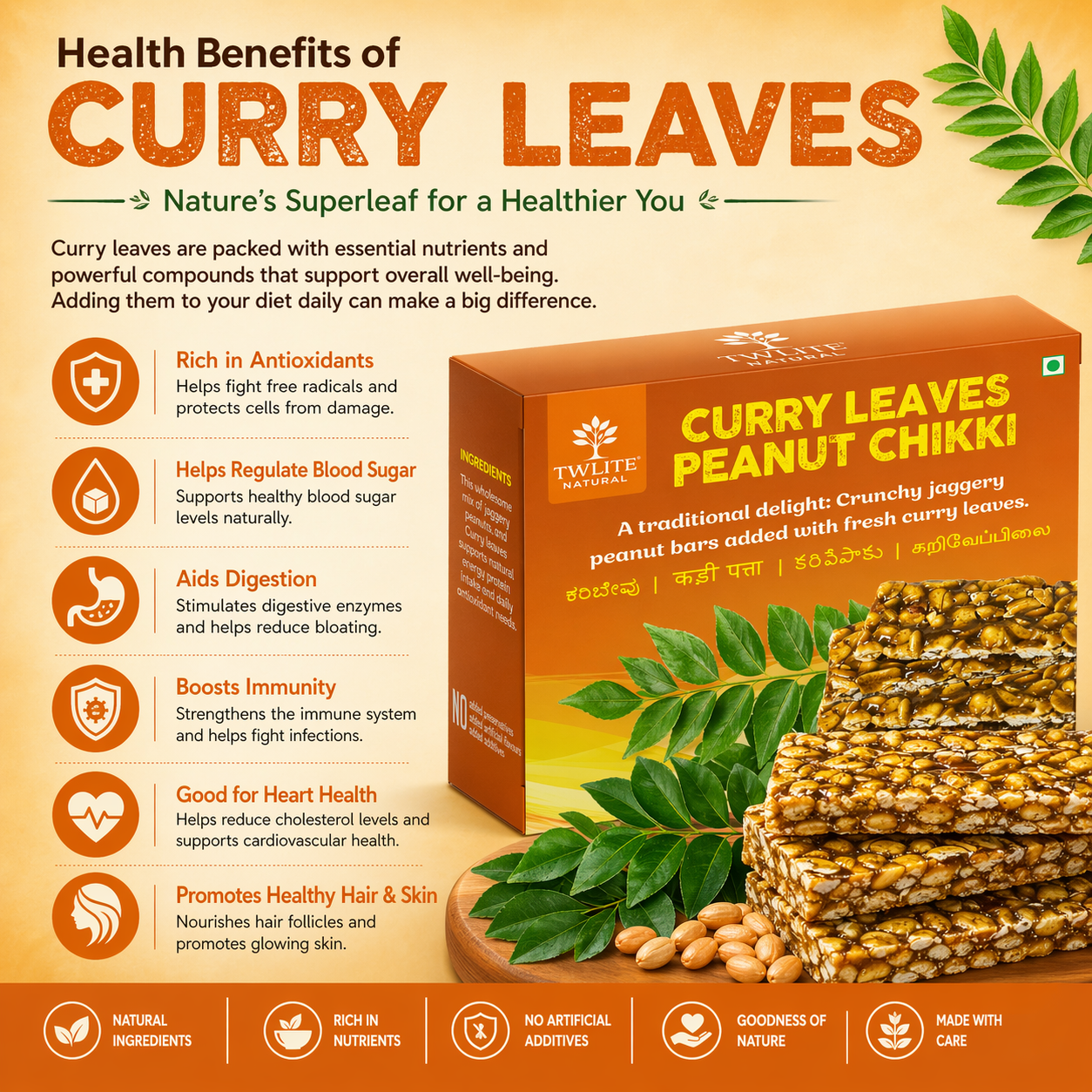 Curry Leaves Peanut Chikki | Nutrient-Dense & Crunchy Superfood Snack for Energy | Vegan | No Artificial Sweeteners, Preservatives or Refined Sugar | All Natural Ingredients | 15 g per serving