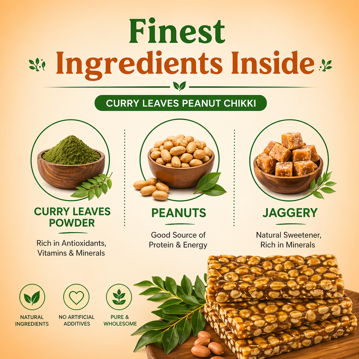 Curry Leaves Peanut Chikki | Nutrient-Dense & Crunchy Superfood Snack for Energy | Vegan | No Artificial Sweeteners, Preservatives or Refined Sugar | All Natural Ingredients | 15 g per serving