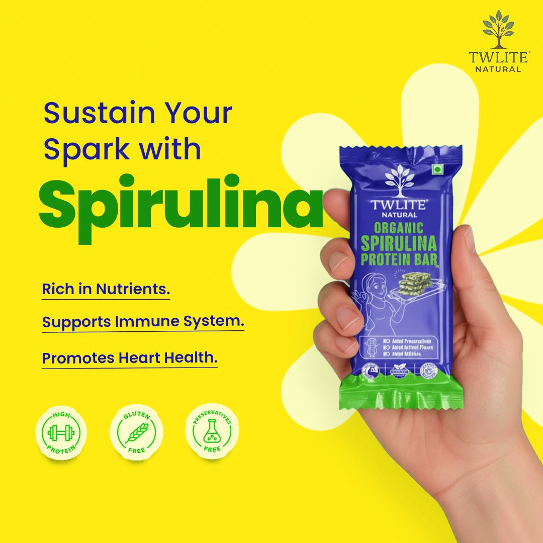 Organic Spirulina Protein Bar | Certified By CFTRI | Nutrient-Dense & Crunchy Superfood Snack for Energy | | Vegan |No Artificial Sweeteners, Preservatives or Refined Sugar | All Natural Ingredients | 15 g per serving